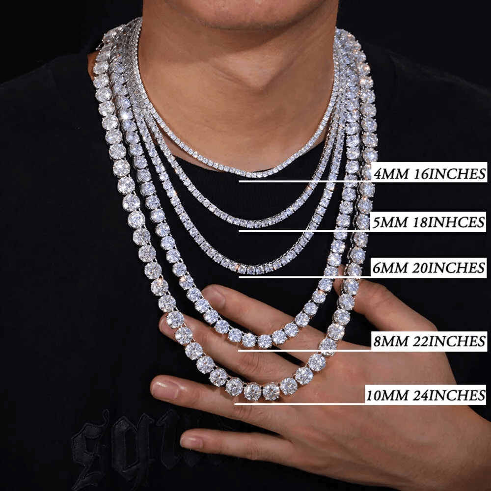 Person wearing multiple layered diamond necklaces of various sizes and lengths with labels indicating the dimensions and inches.