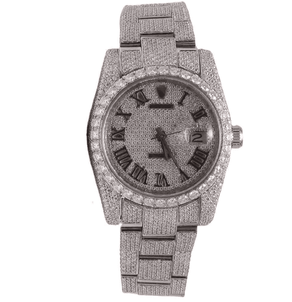 Luxurious silver wristwatch adorned with sparkling diamonds and Roman numeral hour markers.