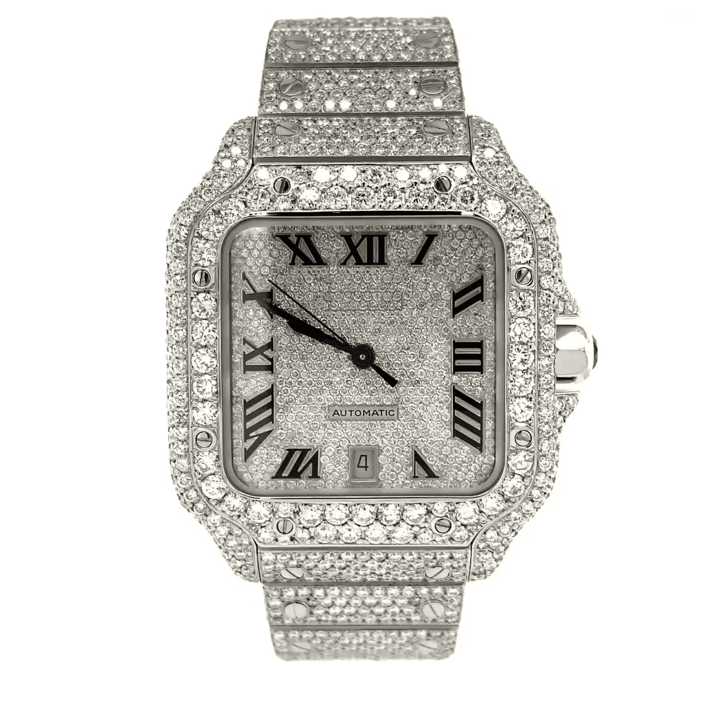 Luxury diamond-encrusted wristwatch with Roman numeral hour markers and a metal band.